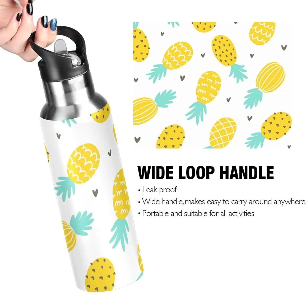 xigua Fresh Cartoon Pineapple Stainless Steel 600ml Water Bottle Leak-Proof Water Bottle, Suitable for Gym School Children and Adult Drinking Bottles