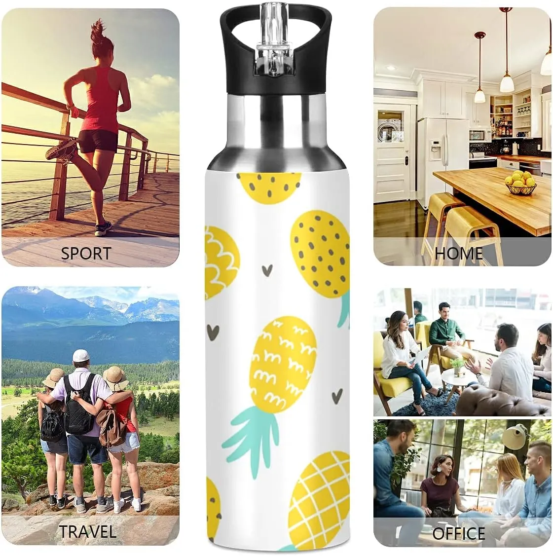 xigua Fresh Cartoon Pineapple Stainless Steel 600ml Water Bottle Leak-Proof Water Bottle, Suitable for Gym School Children and Adult Drinking Bottles
