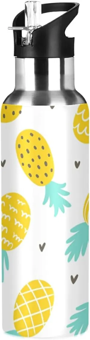xigua Fresh Cartoon Pineapple Stainless Steel 600ml Water Bottle Leak-Proof Water Bottle, Suitable for Gym School Children and Adult Drinking Bottles