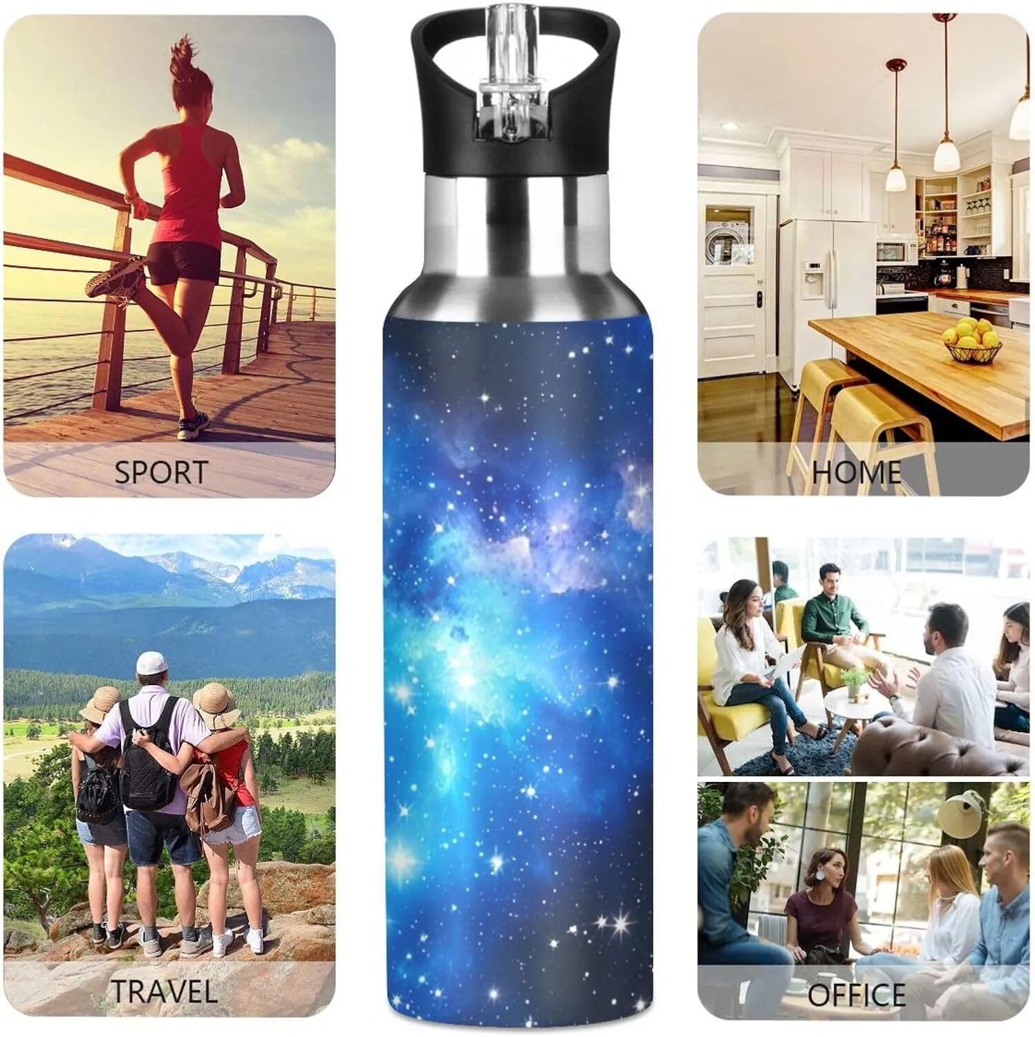 xigua Galaxy Universe Fantasy Stainless Steel 600ml Water Bottle Leak-Proof Water Bottle, Suitable for Gym School Children and Adult Drinking Bottles