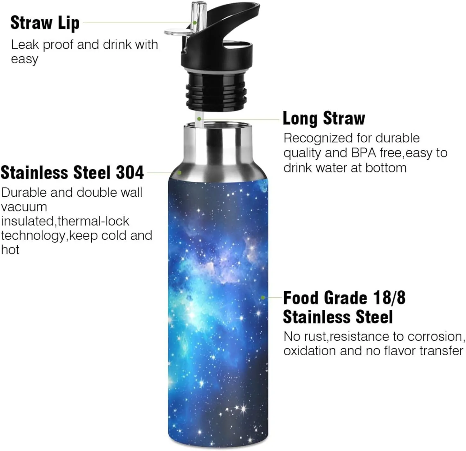 xigua Galaxy Universe Fantasy Stainless Steel 600ml Water Bottle Leak-Proof Water Bottle, Suitable for Gym School Children and Adult Drinking Bottles