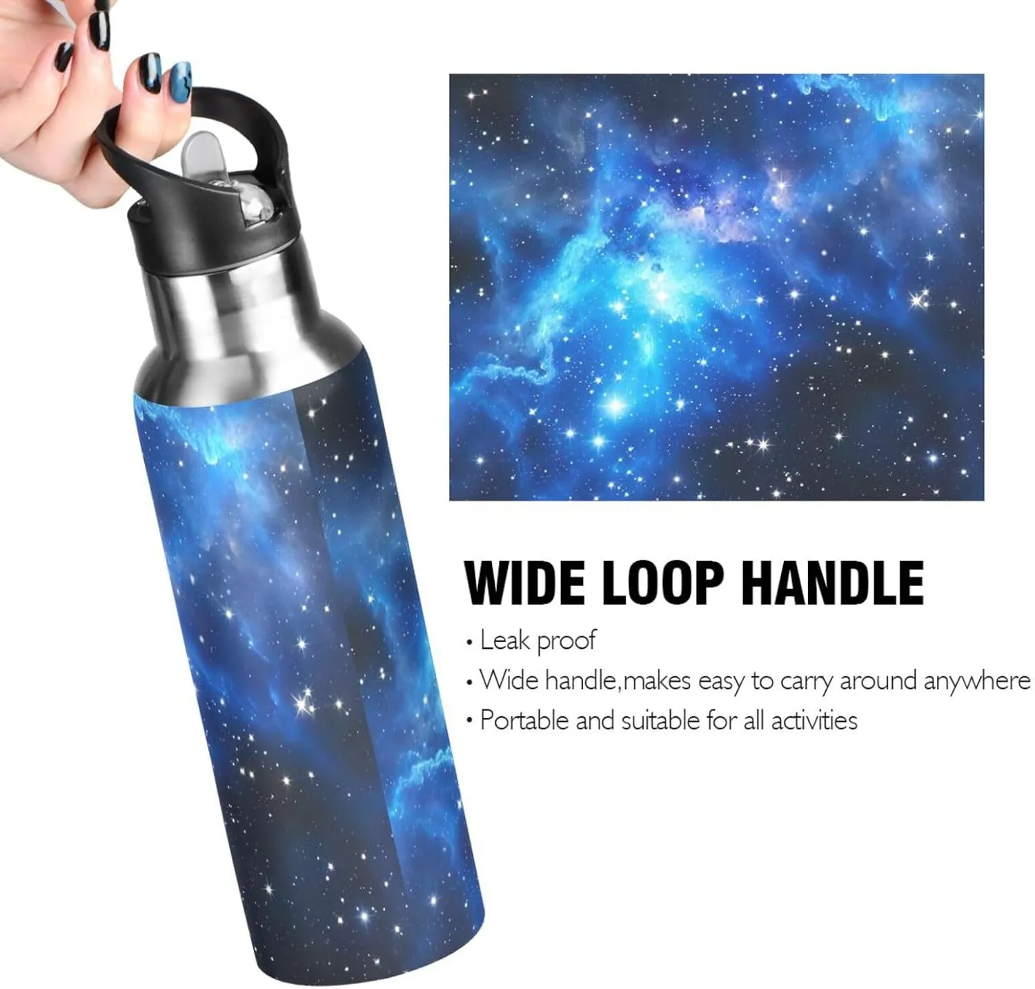 xigua Galaxy Universe Fantasy Stainless Steel 600ml Water Bottle Leak-Proof Water Bottle, Suitable for Gym School Children and Adult Drinking Bottles