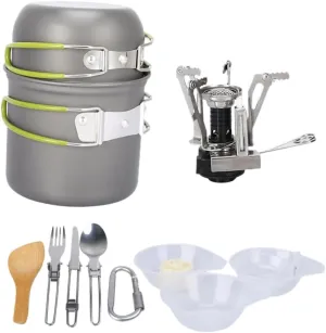 Yardwe Compact Camping Cooking Kit 2-Person Cooking Set Non-Stick Pan Pot Bowl Spoon Portable Stove