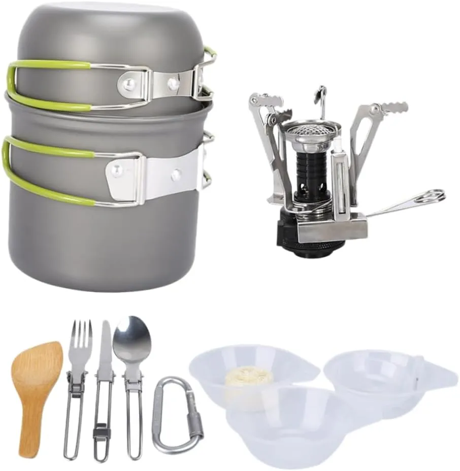 Yardwe Compact Camping Cooking Kit 2-Person Cooking Set Non-Stick Pan Pot Bowl Spoon Portable Stove