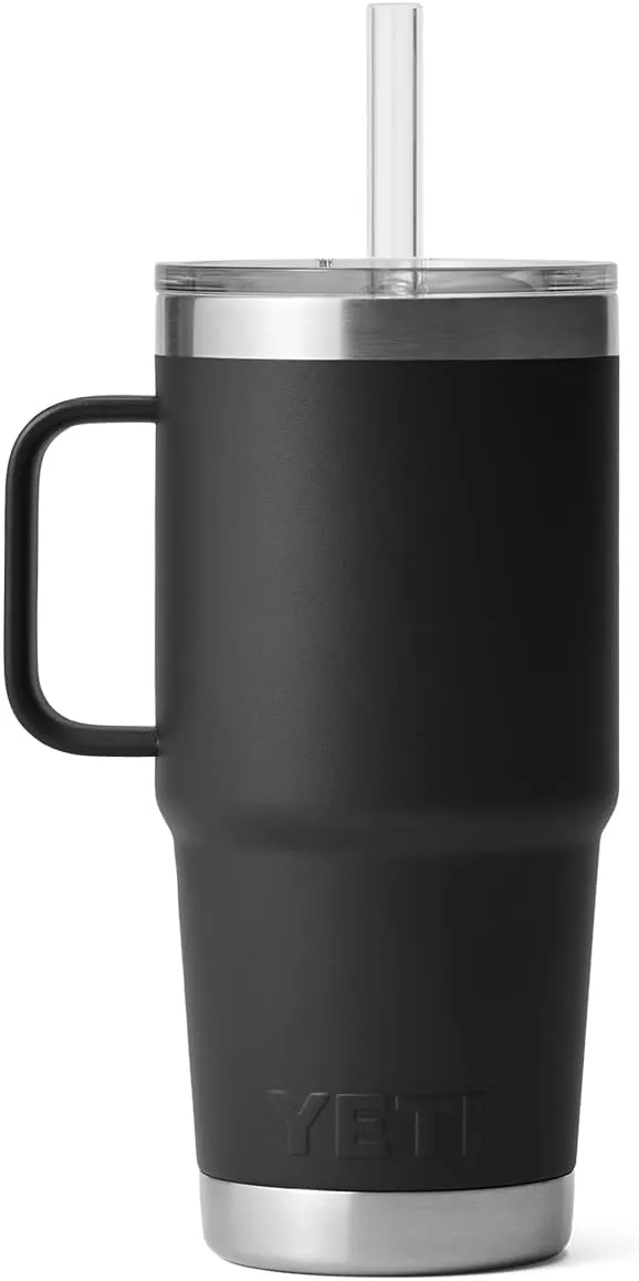 YETI Rambler 25 oz Tumbler with Handle and Straw Lid, Travel Mug Water Tumbler, Vacuum Insulated Cup with Handle, Stainless Steel, Black