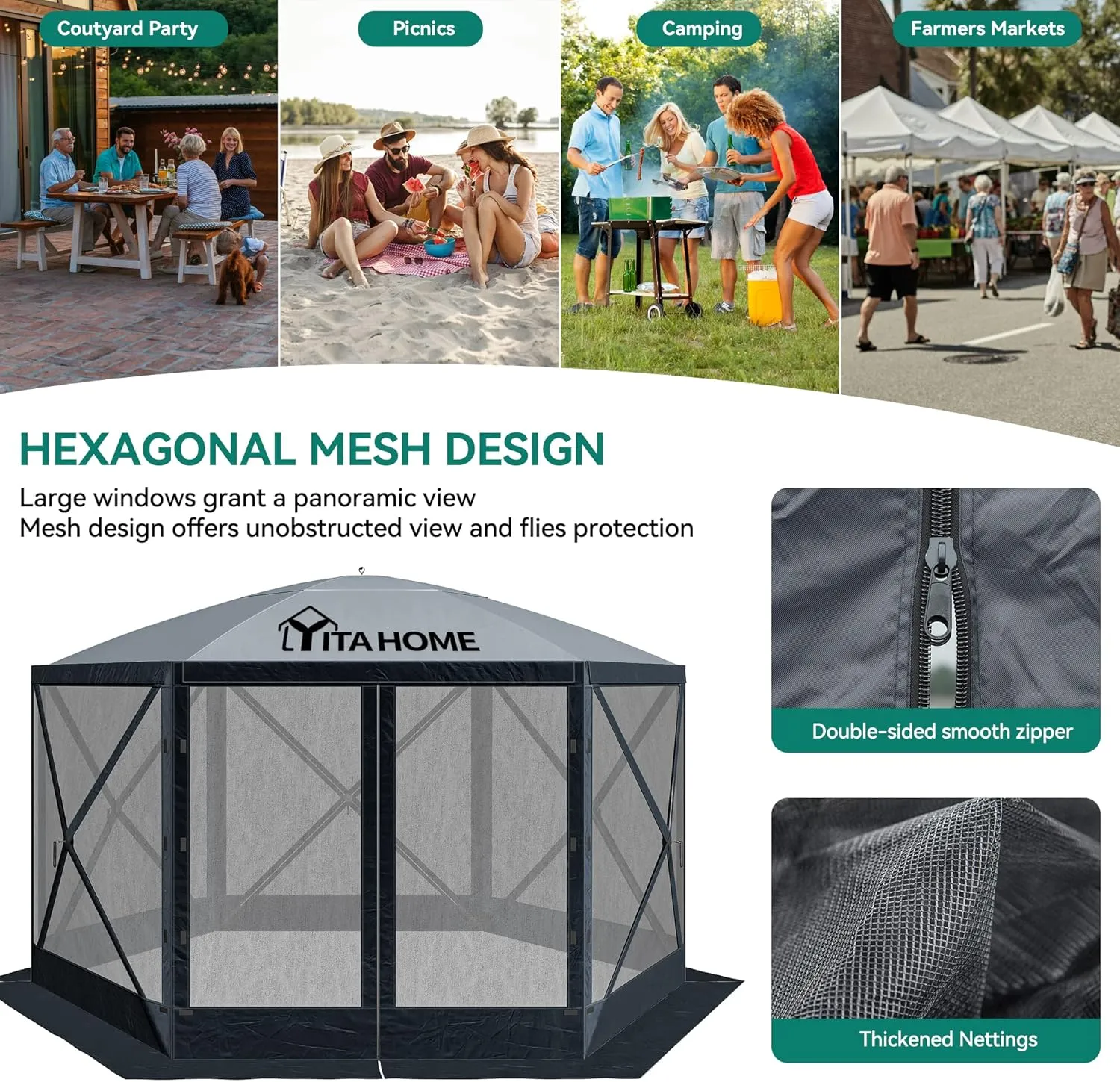 YITAHOME 12x12ft Camping Gazebo, Portable Pop Up Canopy Outdoor Screen Tent 6 Sided with Mesh Windows and Carry Bag for Camping, Picnic, Backyard Party Outside Activities, Gray