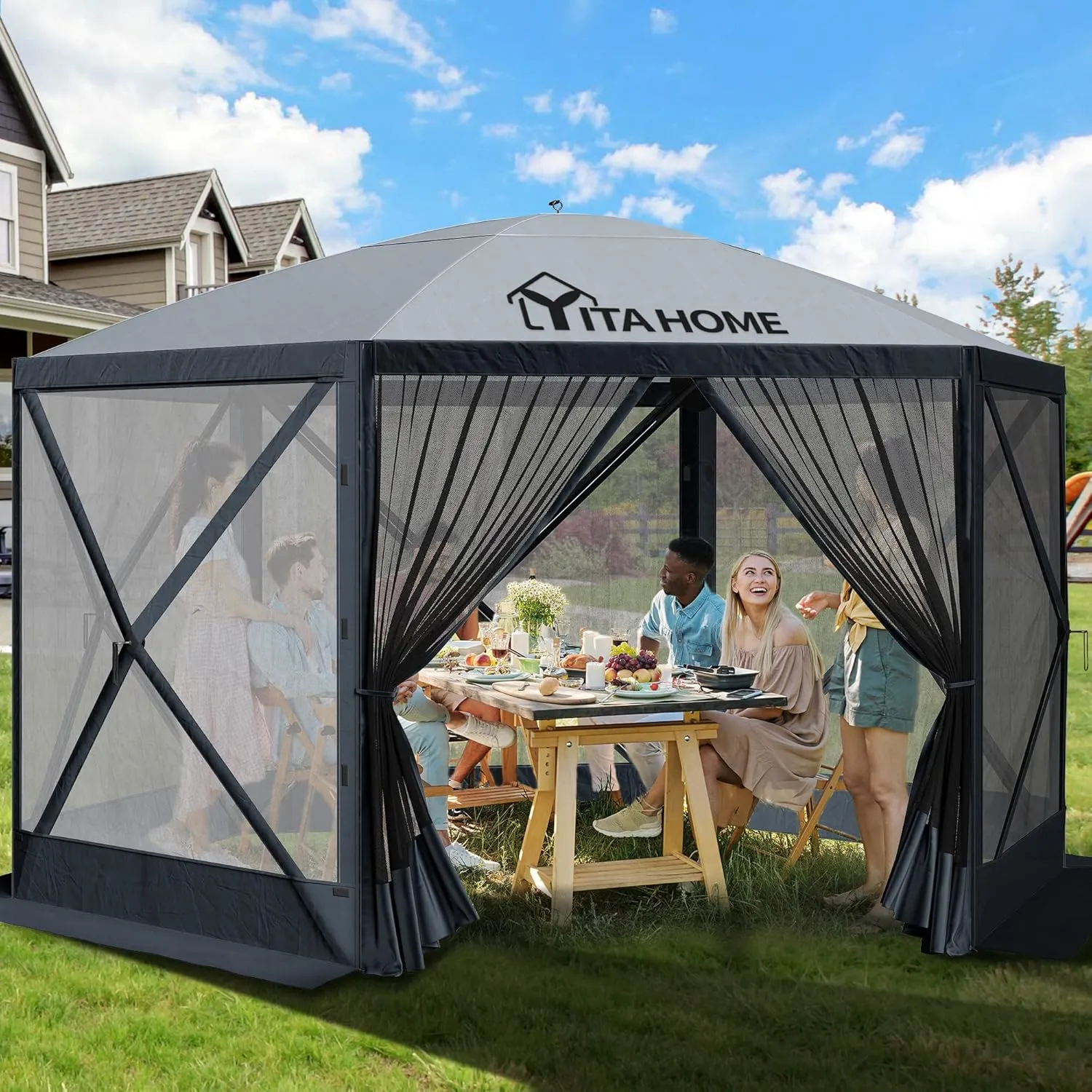 YITAHOME 12x12ft Camping Gazebo, Portable Pop Up Canopy Outdoor Screen Tent 6 Sided with Mesh Windows and Carry Bag for Camping, Picnic, Backyard Party Outside Activities, Gray