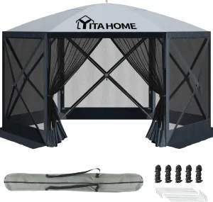 YITAHOME 12x12ft Camping Gazebo, Portable Pop Up Canopy Outdoor Screen Tent 6 Sided with Mesh Windows and Carry Bag for Camping, Picnic, Backyard Party Outside Activities, Gray