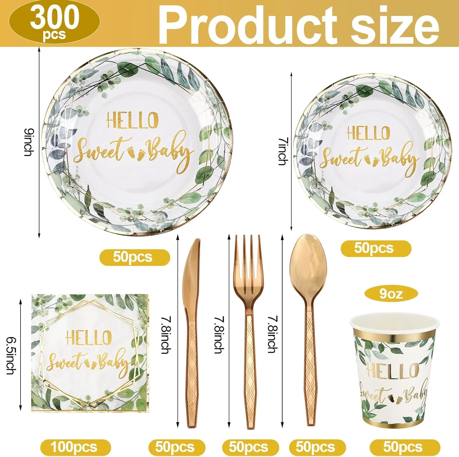 Yungyan 400 Pcs Baby Shower Dinnerware for 50 Guest Baby Shower Paper Plate Napkin Set Gender Reveal Plate Napkins Cup Footprint Disposable Knives Fork Spoon Gender Reveal (Green,Eucalyptus)