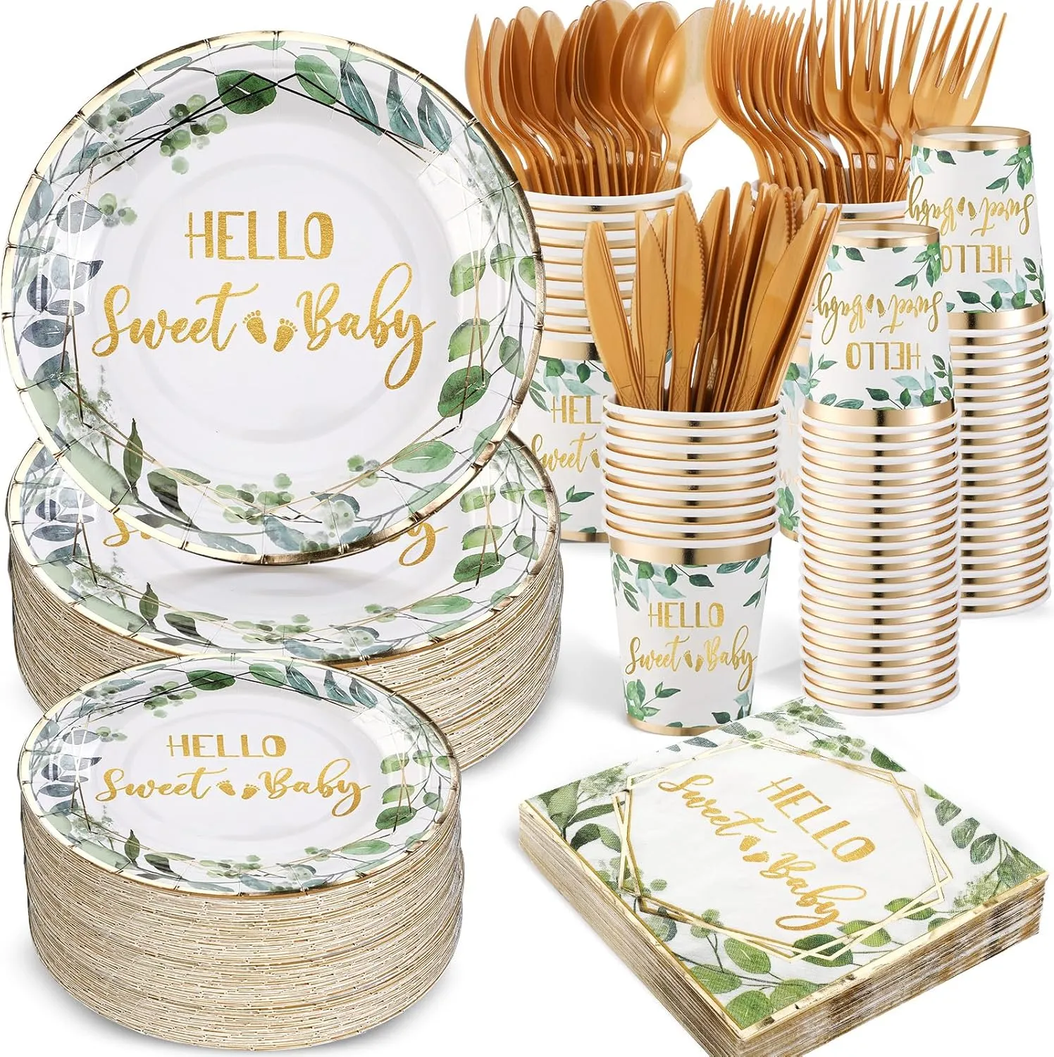 Yungyan 400 Pcs Baby Shower Dinnerware for 50 Guest Baby Shower Paper Plate Napkin Set Gender Reveal Plate Napkins Cup Footprint Disposable Knives Fork Spoon Gender Reveal (Green,Eucalyptus)