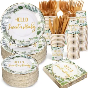 Yungyan 400 Pcs Baby Shower Dinnerware for 50 Guest Baby Shower Paper Plate Napkin Set Gender Reveal Plate Napkins Cup Footprint Disposable Knives Fork Spoon Gender Reveal (Green,Eucalyptus)
