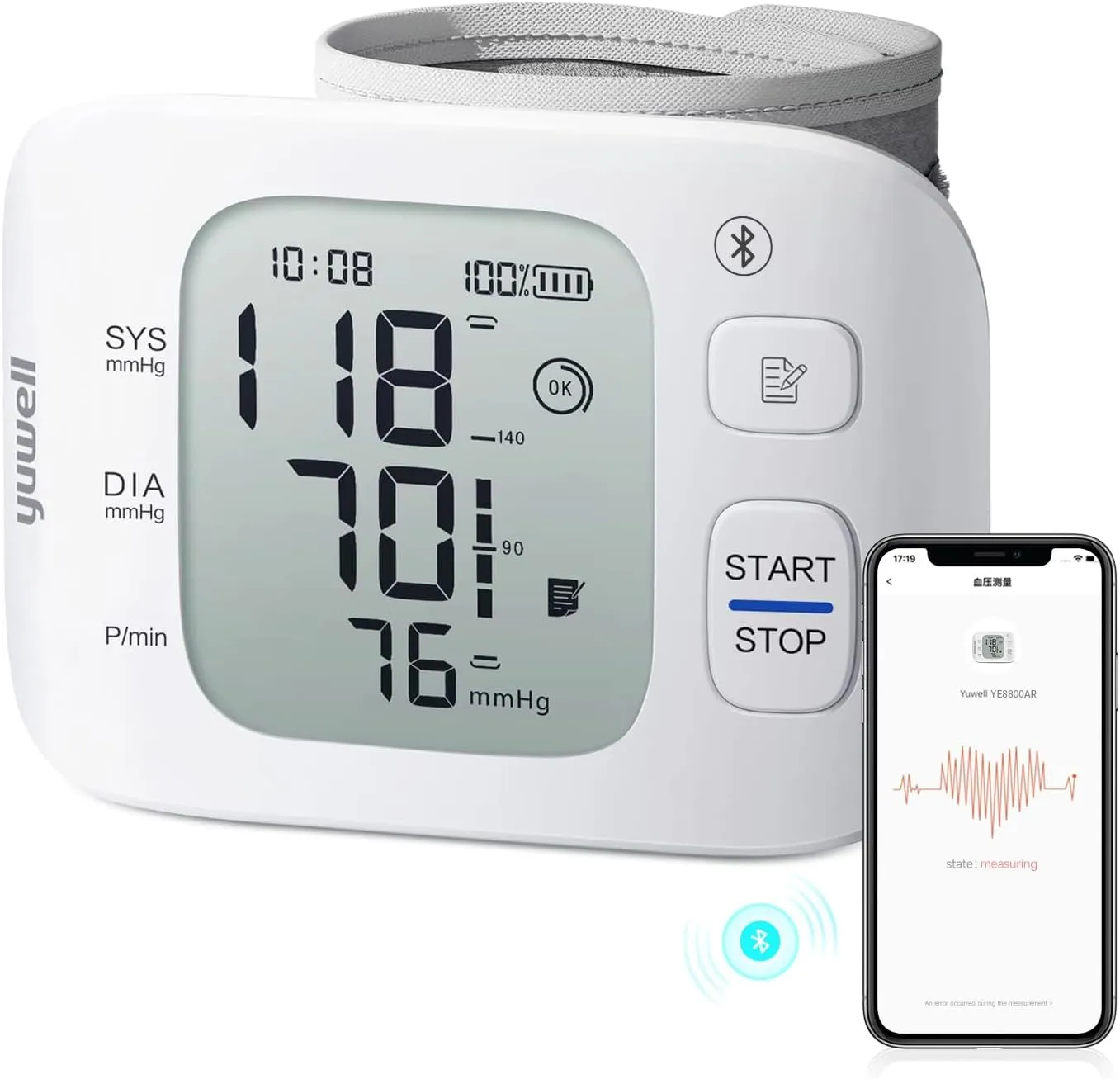 yuwell Rechargeable Wrist Blood Pressure Monitors for Home Use, Large Wrist Cuff with Irregular Heartbeat, with Bluetooth Wireless Technology to Healthcare  App for Unlimited Free Measurements