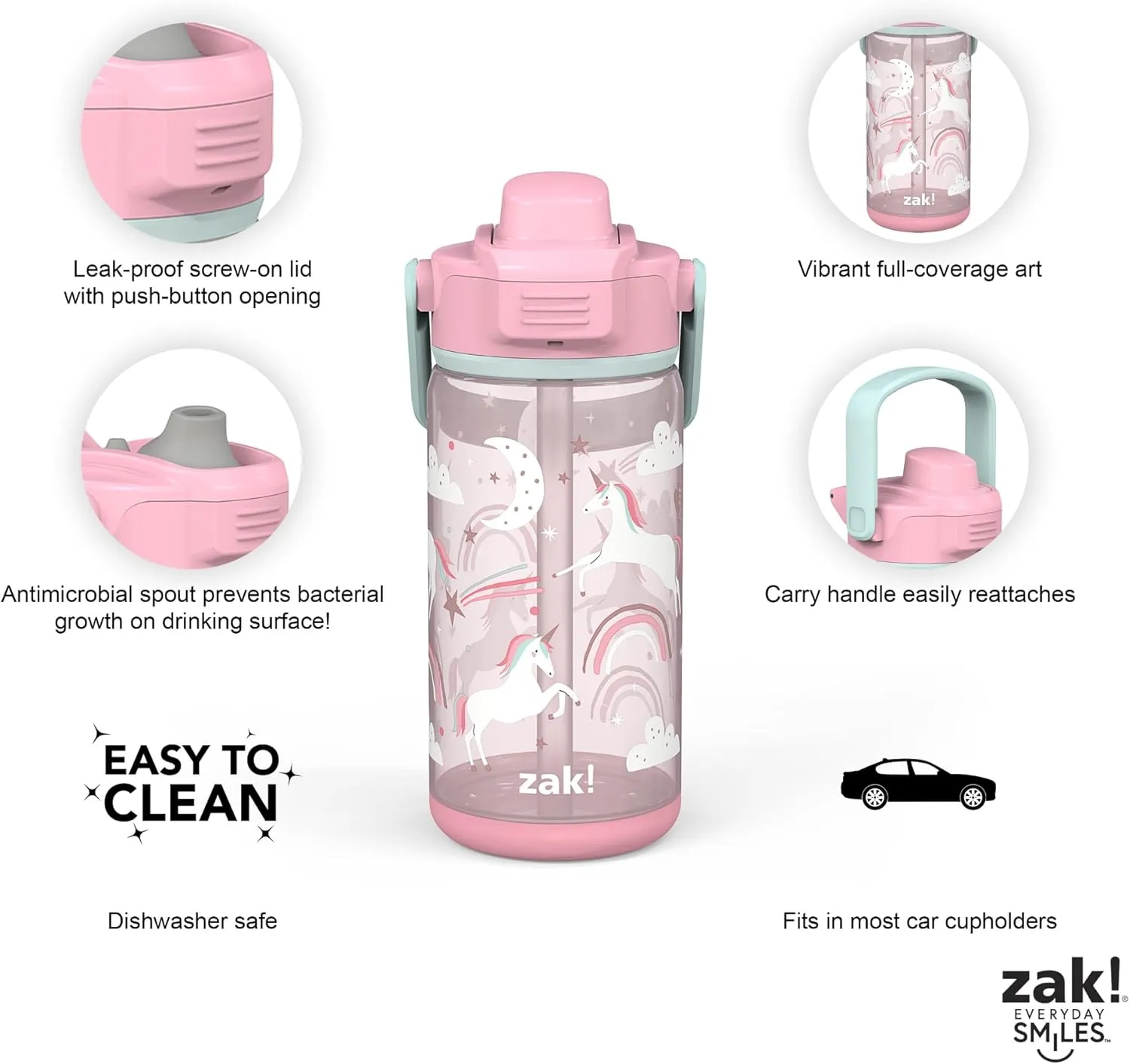 Zak Designs Beacon Bottle Set of 2, Unicorn and Flower Power - 16 oz - Durable Plastic - Silicone Spout & Leak-Proof Lid - Dishwasher Safe