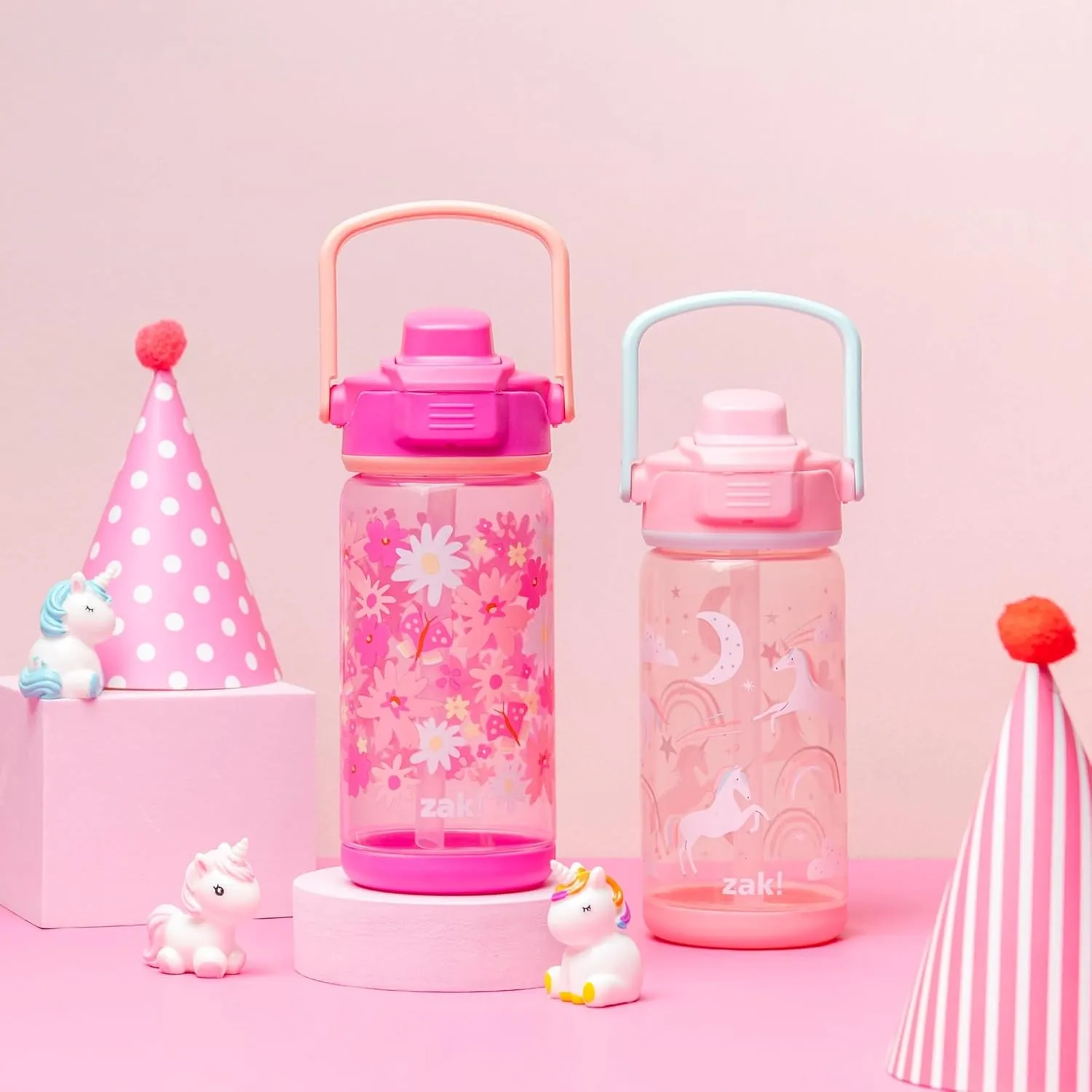 Zak Designs Beacon Bottle Set of 2, Unicorn and Flower Power - 16 oz - Durable Plastic - Silicone Spout & Leak-Proof Lid - Dishwasher Safe