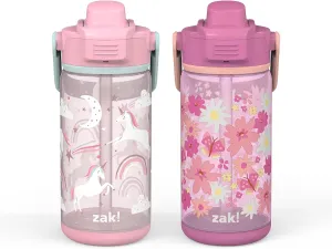 Zak Designs Beacon Bottle Set of 2, Unicorn and Flower Power - 16 oz - Durable Plastic - Silicone Spout & Leak-Proof Lid - Dishwasher Safe