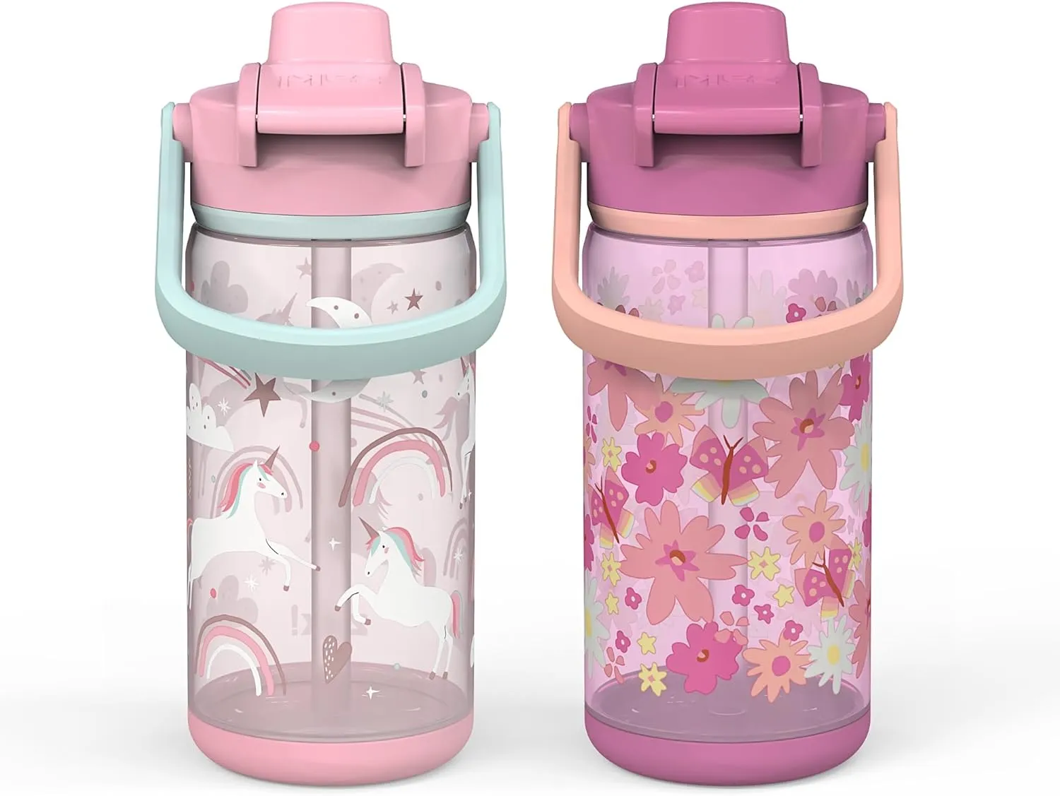 Zak Designs Beacon Bottle Set of 2, Unicorn and Flower Power - 16 oz - Durable Plastic - Silicone Spout & Leak-Proof Lid - Dishwasher Safe