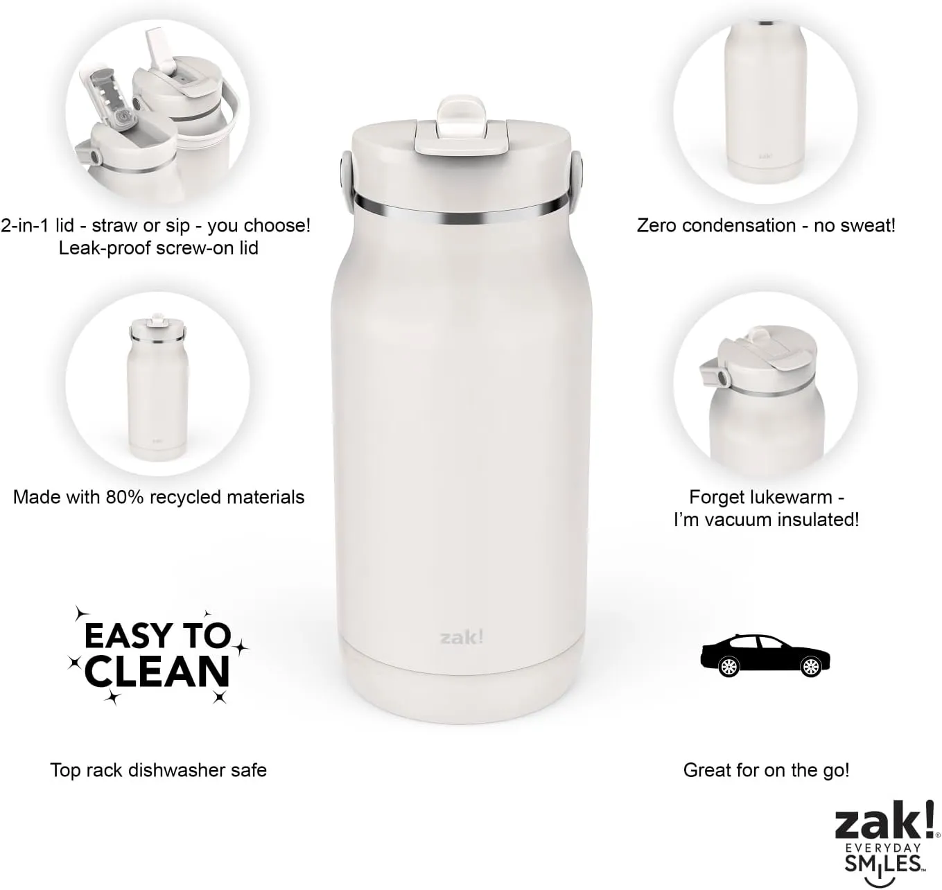 Zak Designs Harmony 2-in-1 Water Bottle for Travel or At Home, 64oz Recycled Stainless Steel is Leak-Proof When Closed and Vacuum Insulated with Handle (Linen White)