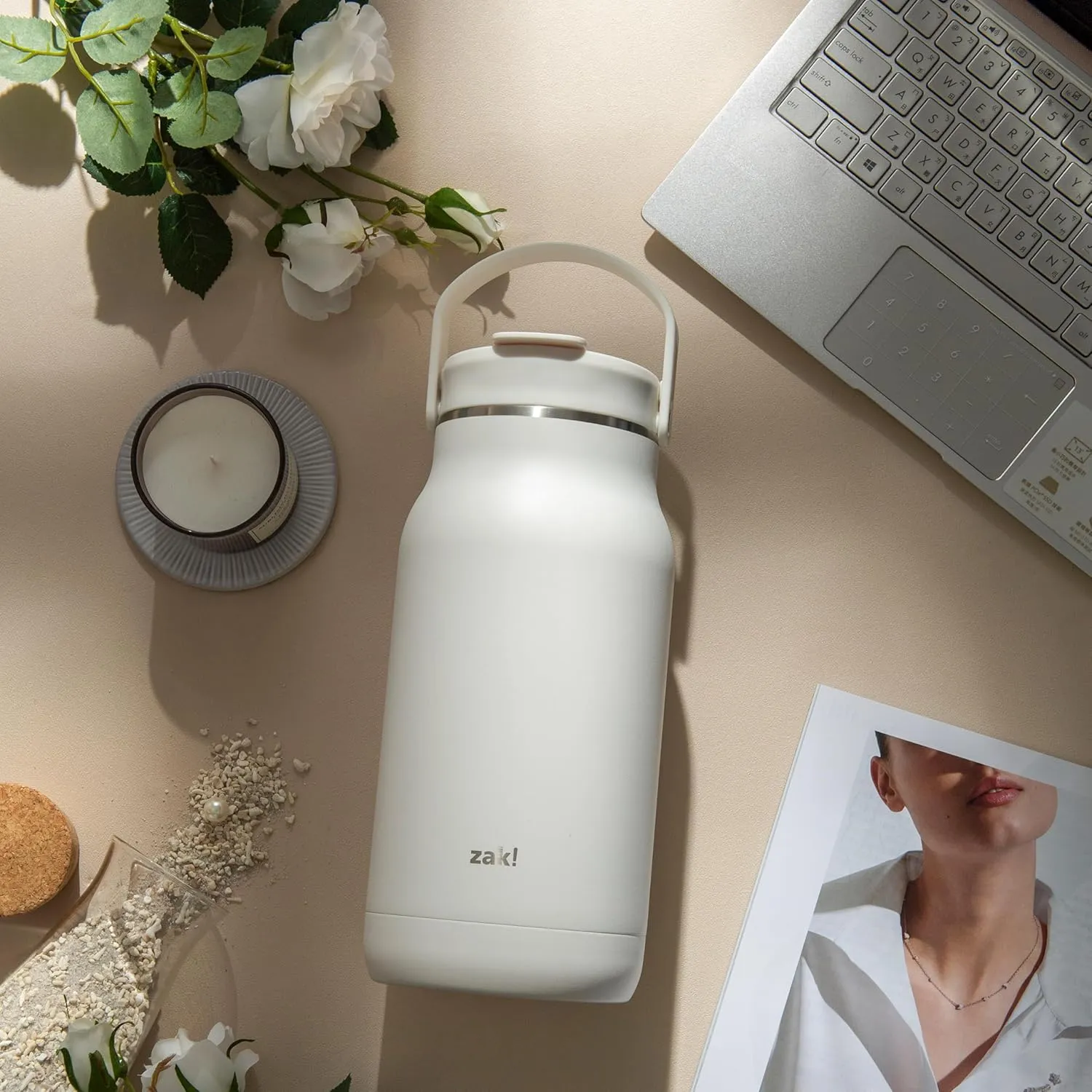 Zak Designs Harmony 2-in-1 Water Bottle for Travel or At Home, 64oz Recycled Stainless Steel is Leak-Proof When Closed and Vacuum Insulated with Handle (Linen White)