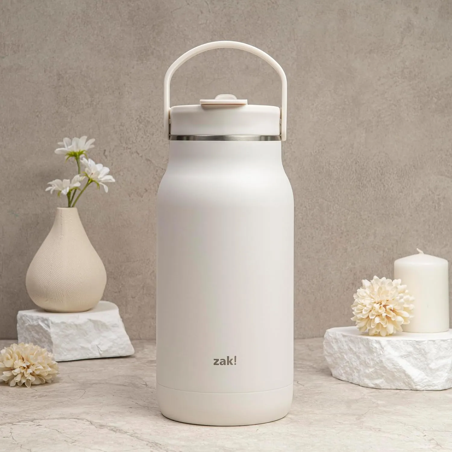 Zak Designs Harmony 2-in-1 Water Bottle for Travel or At Home, 64oz Recycled Stainless Steel is Leak-Proof When Closed and Vacuum Insulated with Handle (Linen White)