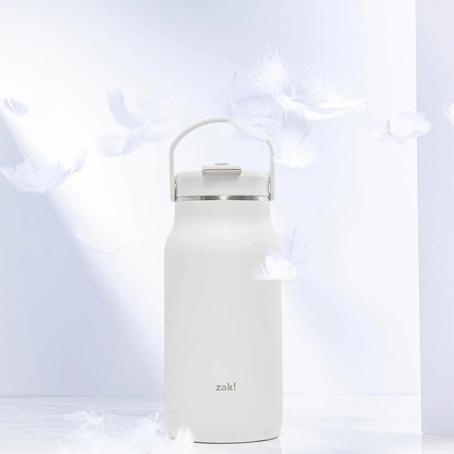Zak Designs Harmony 2-in-1 Water Bottle for Travel or At Home, 64oz Recycled Stainless Steel is Leak-Proof When Closed and Vacuum Insulated with Handle (Linen White)