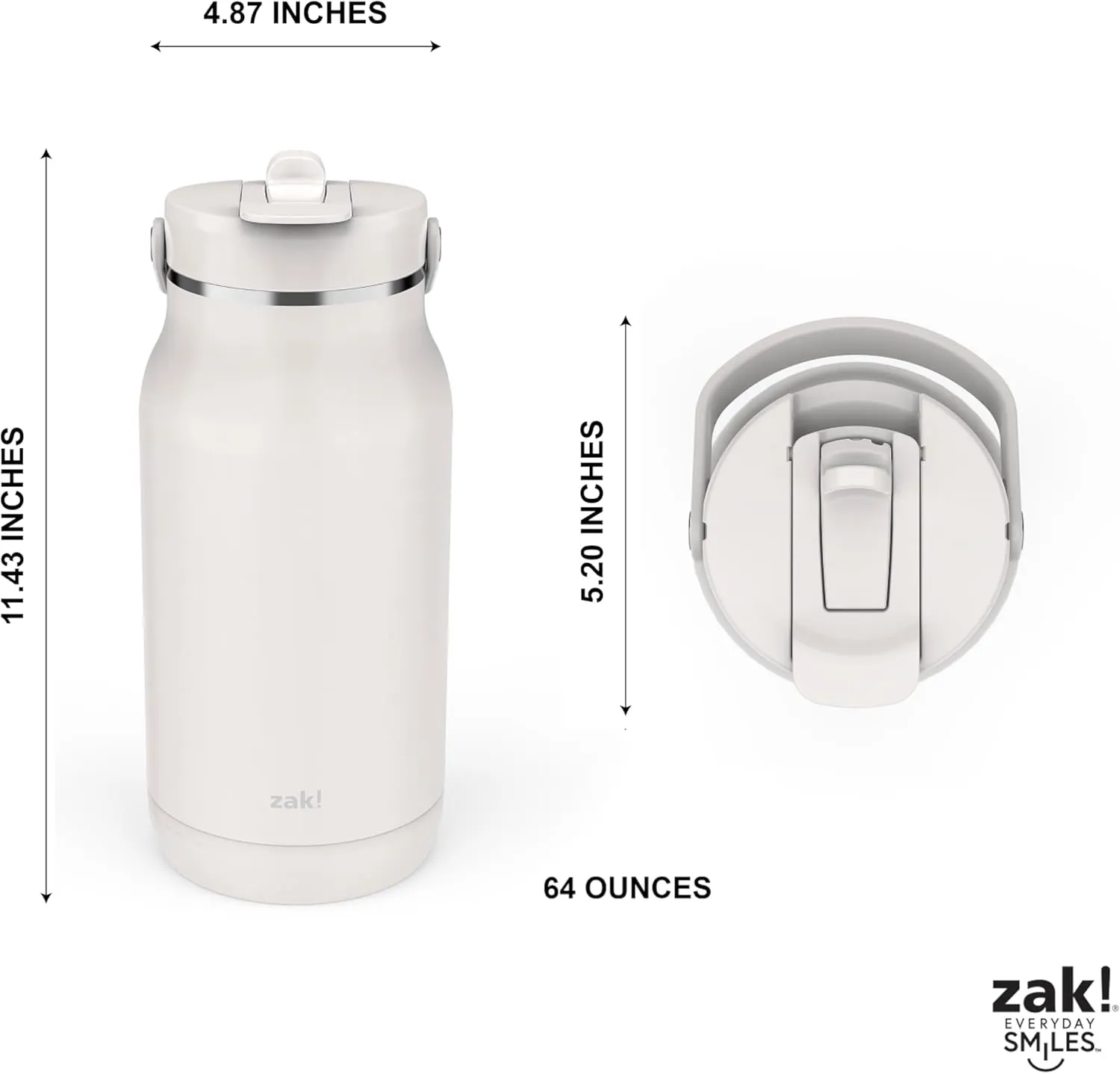 Zak Designs Harmony 2-in-1 Water Bottle for Travel or At Home, 64oz Recycled Stainless Steel is Leak-Proof When Closed and Vacuum Insulated with Handle (Linen White)