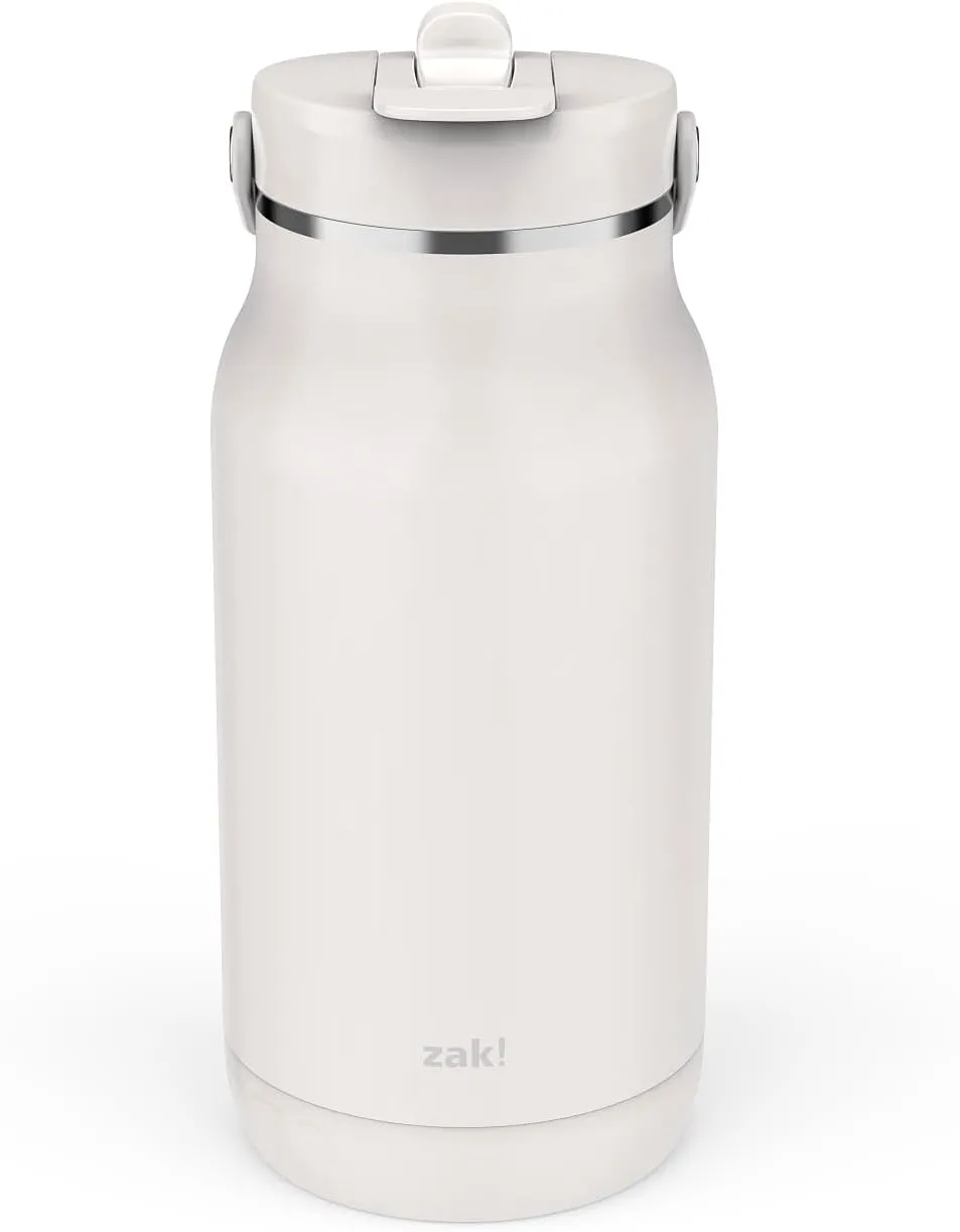 Zak Designs Harmony 2-in-1 Water Bottle for Travel or At Home, 64oz Recycled Stainless Steel is Leak-Proof When Closed and Vacuum Insulated with Handle (Linen White)