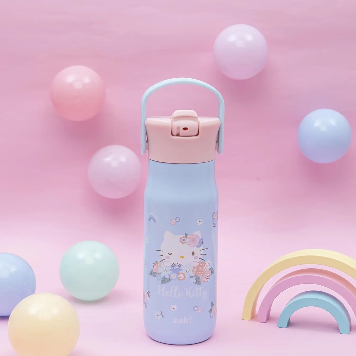 Zak Designs Harmony Hello Kitty 20oz Water Bottle for Travel or At Home, Recycled Stainless Steel is Leak-Proof When Closed and Vacuum Insulated with Straw Lid and Carry Handle