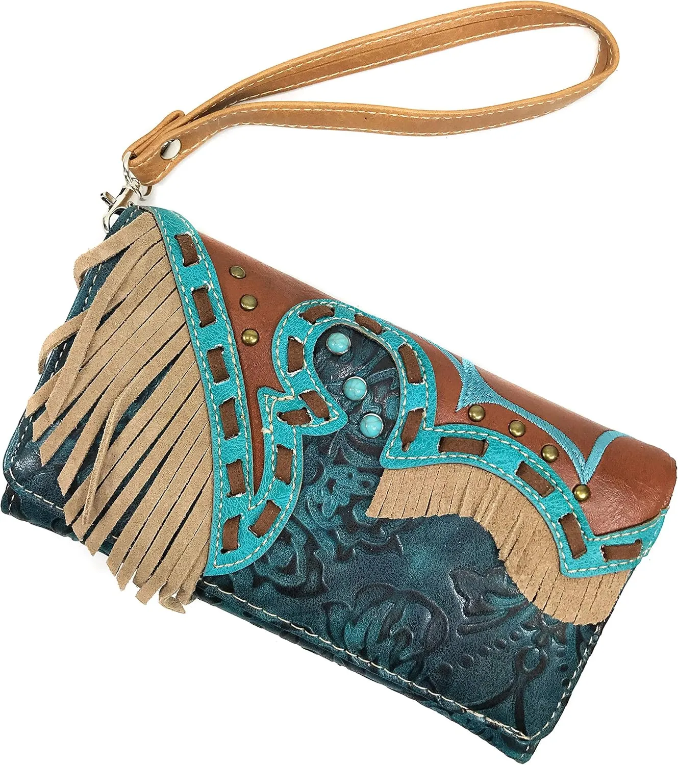 Zelris Women Crossbody Wallet Turquoise Concho Suede Fringe Two Tone Cowgirl Trifold Open