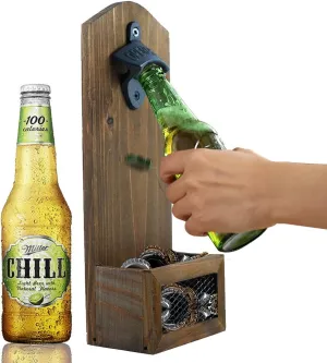ZGZD Wooden Bottle Opener Wall Mounted with Cap Catcher, Gifts for Men and Beer Lovers