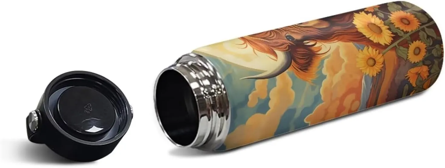 ZOUTAIRONG Highland Cattle Sunflower Sports Water Bottle 18 oz Insulated Water Bottle Leak Proof Stainless Steel Gym Bottle Sports Water Cup for Women Thermal Water Bottle