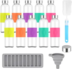 Zukro Glass Water Bottles with Lids 18 oz, Reusable Clear Juice Bottles Stainless Steel Airtight Cap for Juicing, 100% Leak Proof Juice Drinking Jar With Sleeve for Refrigerator, BPA Free, Set of 10