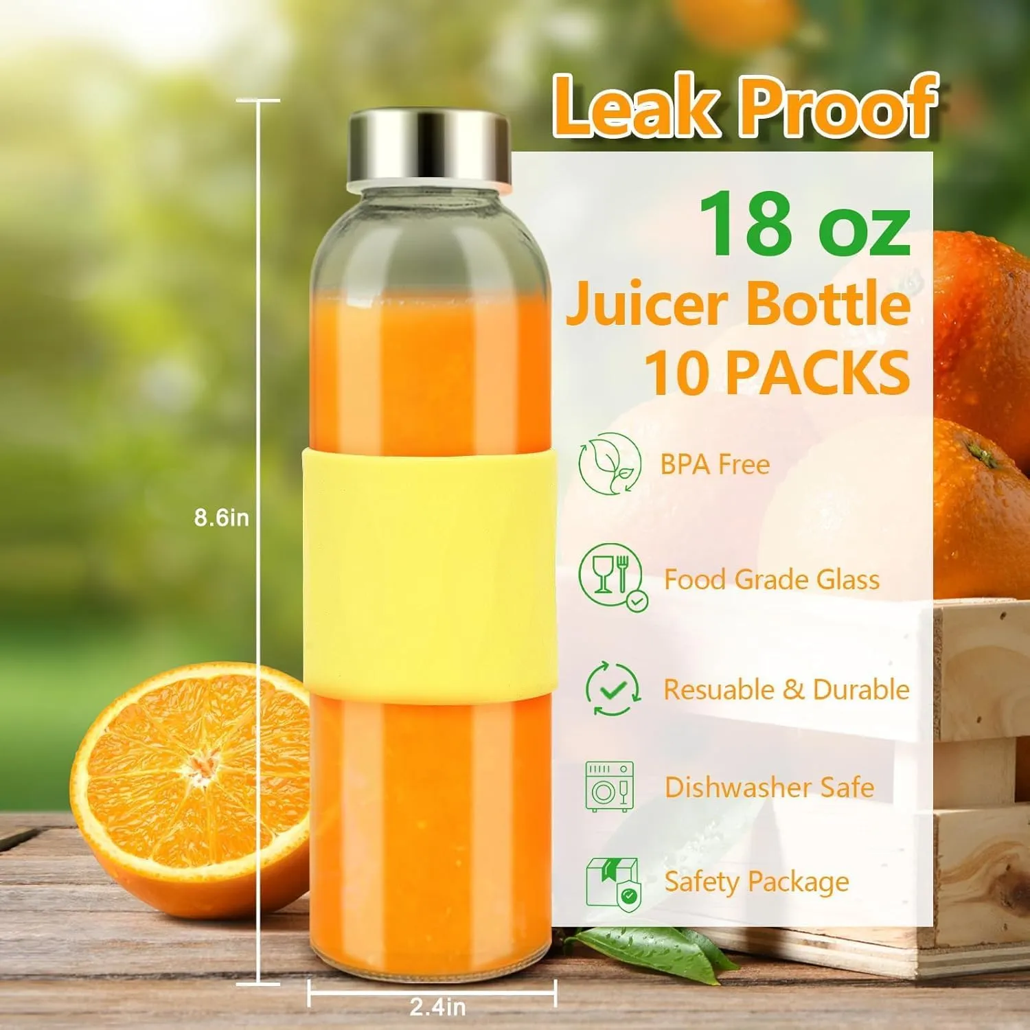 Zukro Glass Water Bottles with Lids 18 oz, Reusable Clear Juice Bottles Stainless Steel Airtight Cap for Juicing, 100% Leak Proof Juice Drinking Jar With Sleeve for Refrigerator, BPA Free, Set of 10